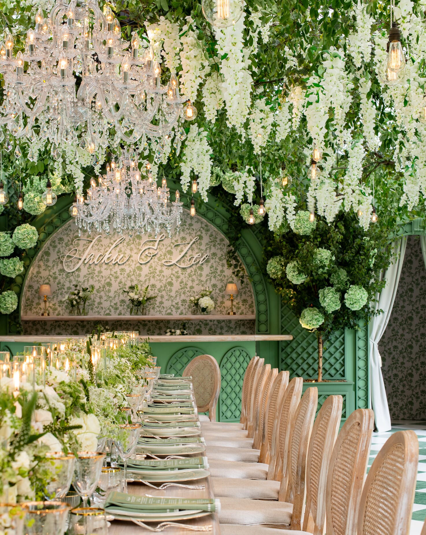 Interior of a beautiful wedding marquee, with long table set for dinner